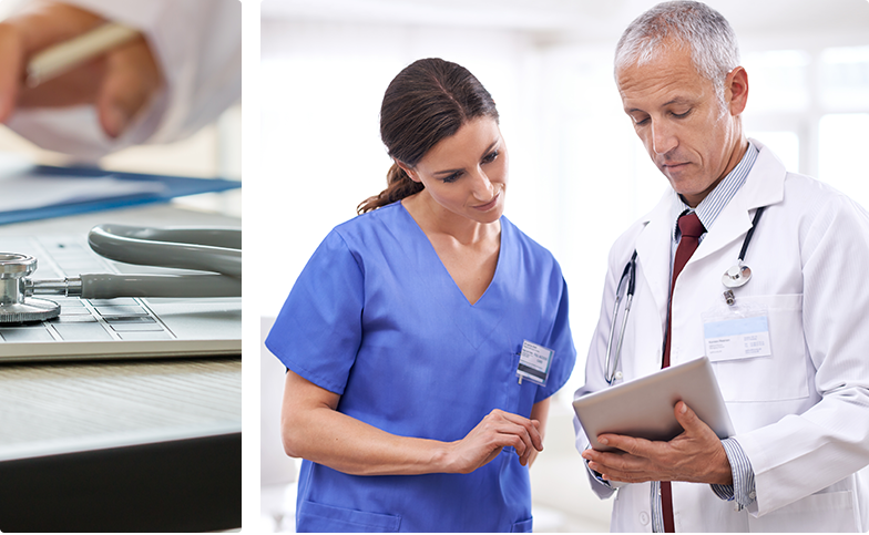 Doctor and nurse discussing records on tablet
